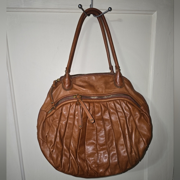 Sabina New York Brown Leather Hobo Handbag Pleated Rounded Zippers 18x13" - Picture 3 of 13